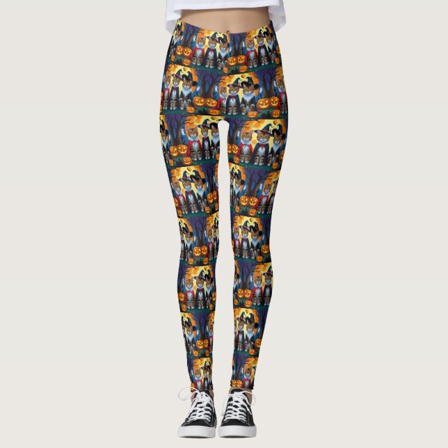 Bengal Cats Pumpkin Halloween Funny Leggings (Front)