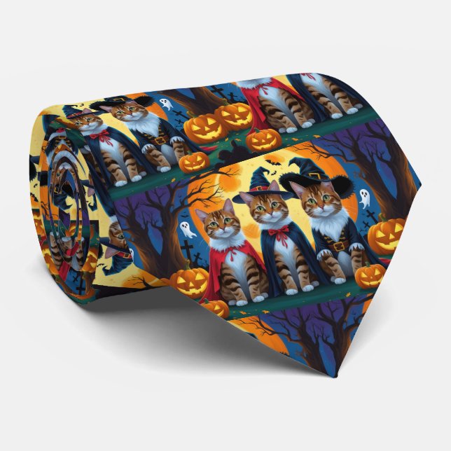Bengal Cats Pumpkin Halloween Funny Neck Tie (Rolled)