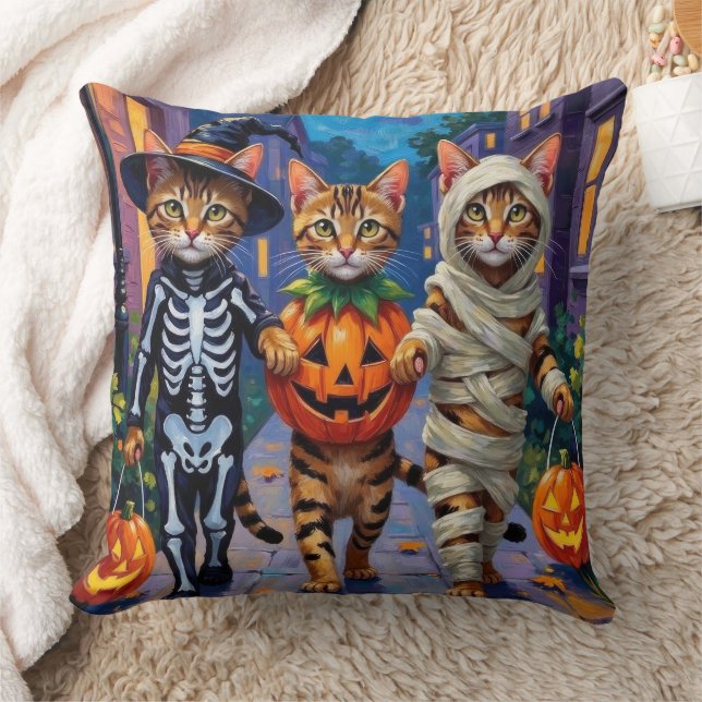 Bengal Cats Trick-or-Treating in Halloween Costume Throw Pillow (Blanket)