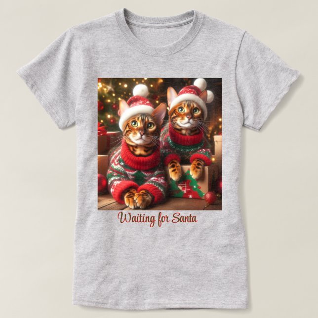 Bengal Cats Waiting for Santa Claus T-Shirt (Design Front)