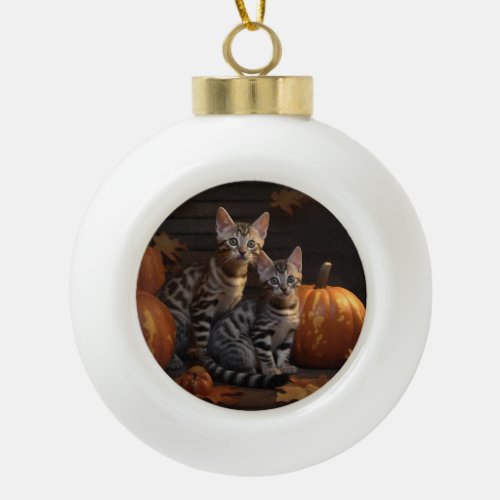 Bengal Kitten Autumn Delight Pumpkin  Ceramic Ball Christmas Ornament
