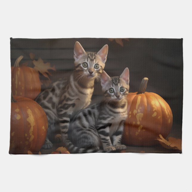 Bengal Kitten Autumn Delight Pumpkin  Kitchen Towel (Horizontal)