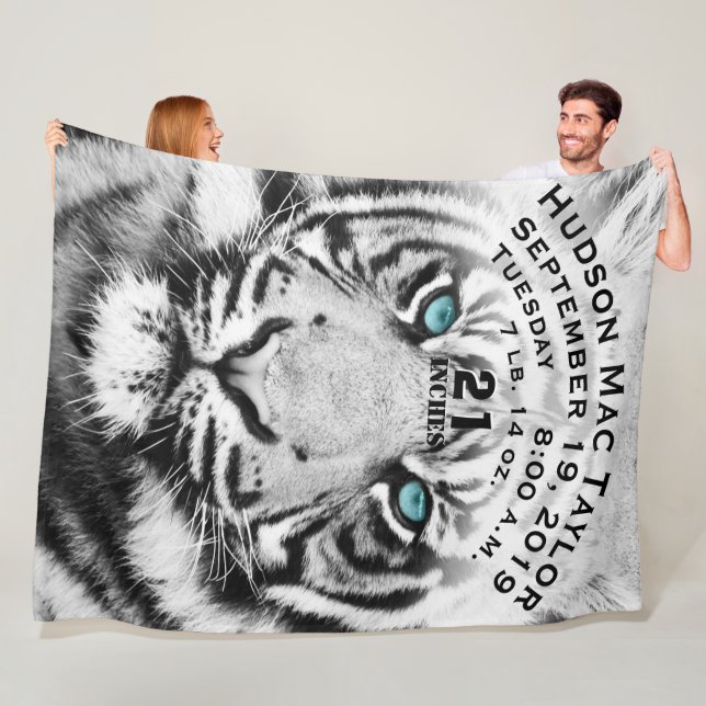 Bengal Tiger Baby Boy Birth Stats White Tiger Fleece Blanket (In Situ)