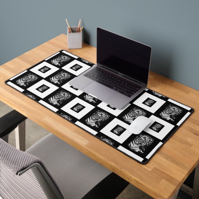 Bengal Tiger Black and White Checkerboard Pattern Desk Mat (Office 2)