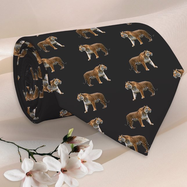 Bengal Tiger Black Elegant Wildlife Animal Pattern Neck Tie (A stylish tie with a pattern of Bengal tigers on a black background)