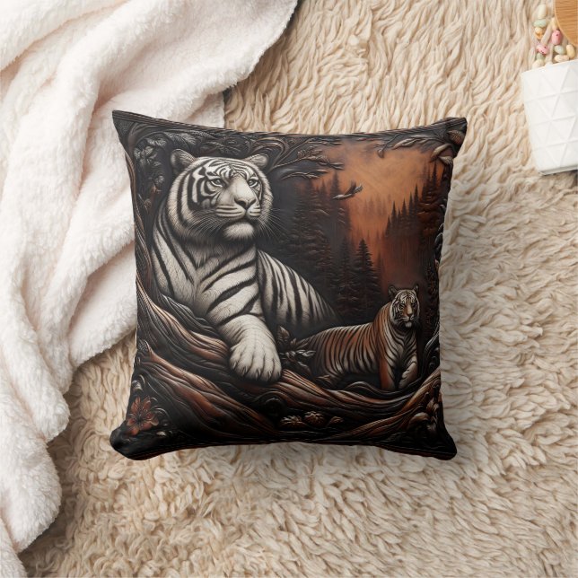 Bengal Tiger Family Among Forest Foliage Throw Pillow (Blanket)