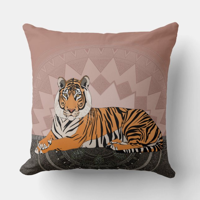 bengal tiger mandala copper rose throw pillow (Front)