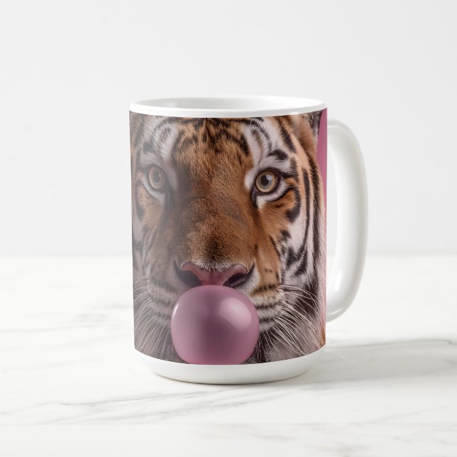 Bengal Tiger Portrait Blowing Pink Bubblegum Coffee Mug (Front Right)