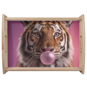 Bengal Tiger Portrait Blowing Pink Bubblegum Serving Tray