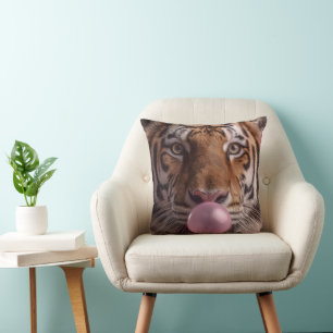 Bengal Tiger Portrait Blowing Pink Bubblegum Throw Pillow