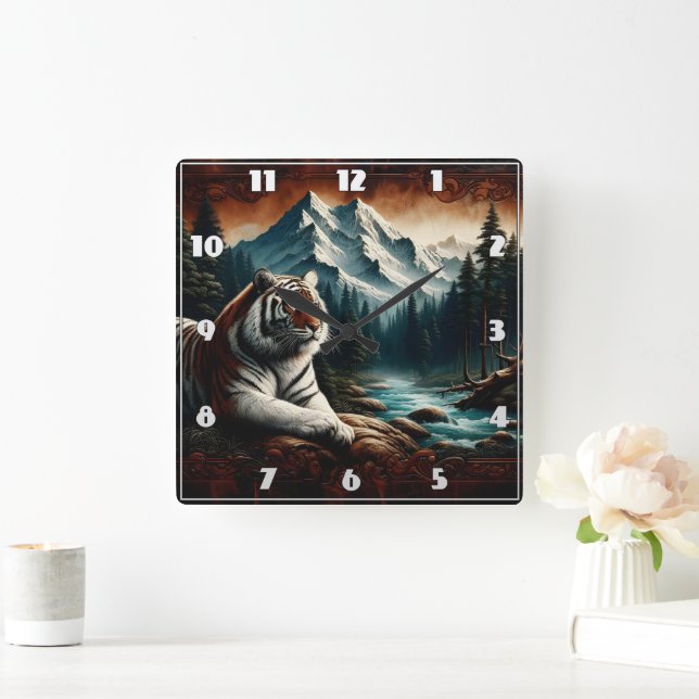 Bengal Tiger Relaxing Near Mountain Stream Square Wall Clock (Home)
