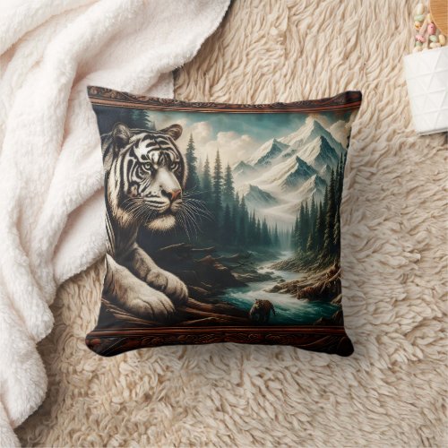 Bengal Tiger Resting by Mountain River Throw Pillow