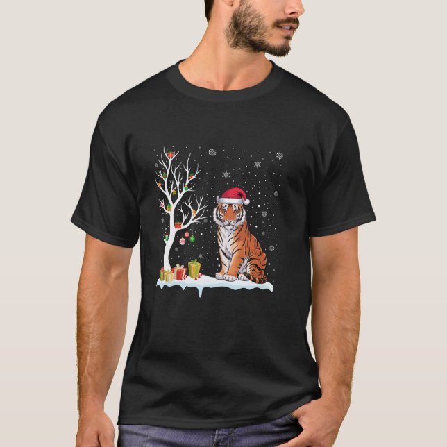 Bengal Tiger Santa Hat Festive Tree Light Christma T-Shirt (Front)