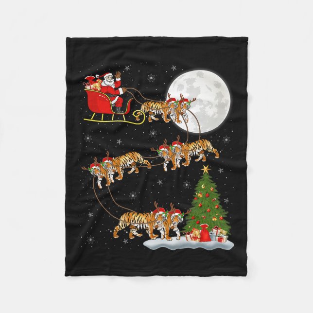 Bengal Tiger Santa Sleigh Flying Funny Magical Chr Fleece Blanket (Front)