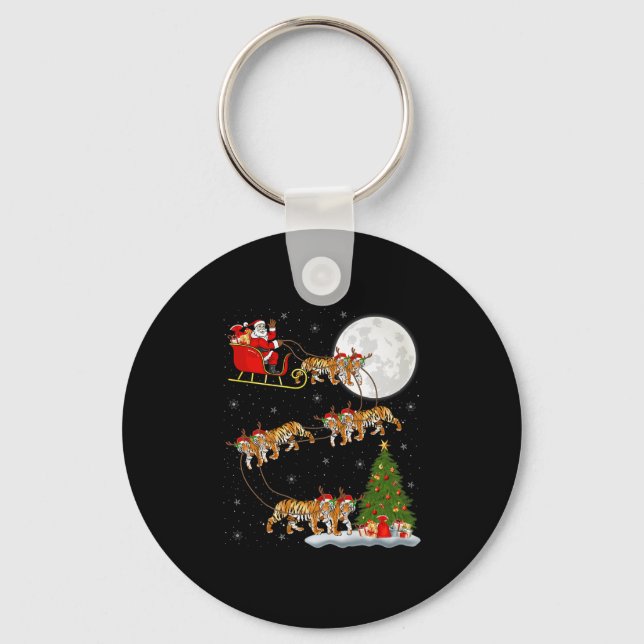 Bengal Tiger Santa Sleigh Flying Funny Magical Chr Keychain (Front)