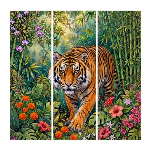 Bengal Tiger Vibrant Bamboo Jungle Triptych