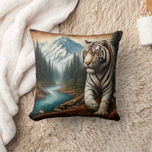 Bengal Tiger Walking by Mountain River at Dusk Throw Pillow