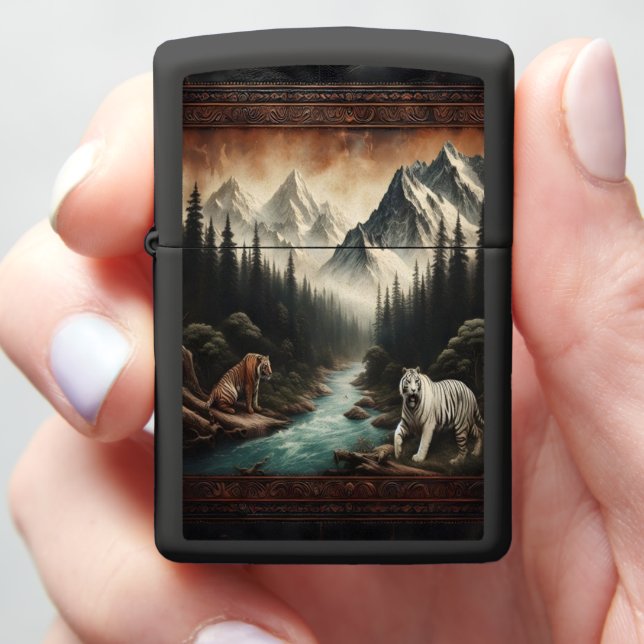 Bengal Tigers in a Mountain Valley Zippo Lighter (In Hand)