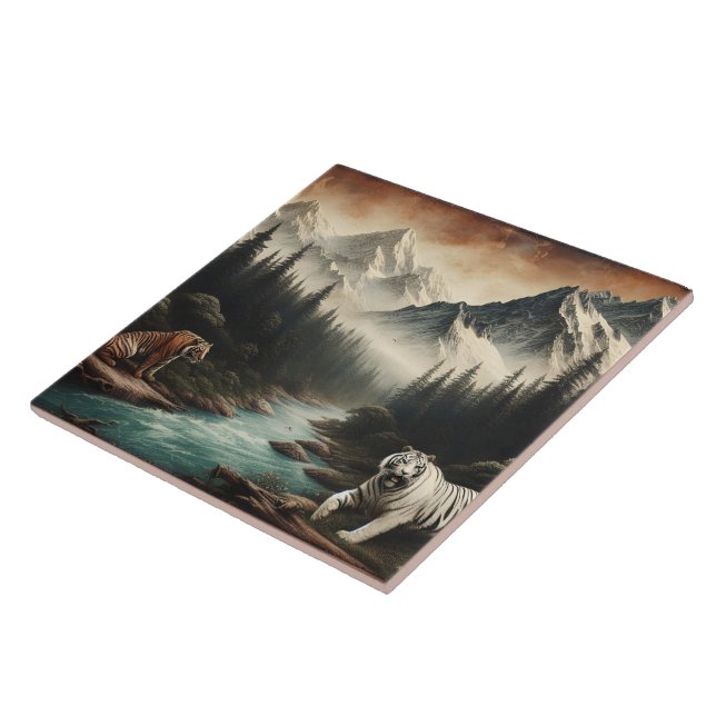 Bengal Tigers in Majestic Mountain Landscape Ceramic Tile (Side)