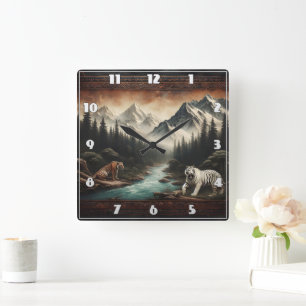 Bengal Tigers in Majestic Mountain Landscape Square Wall Clock
