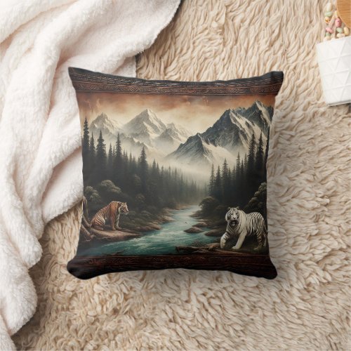 Bengal Tigers in Majestic Mountain Landscape Throw Pillow