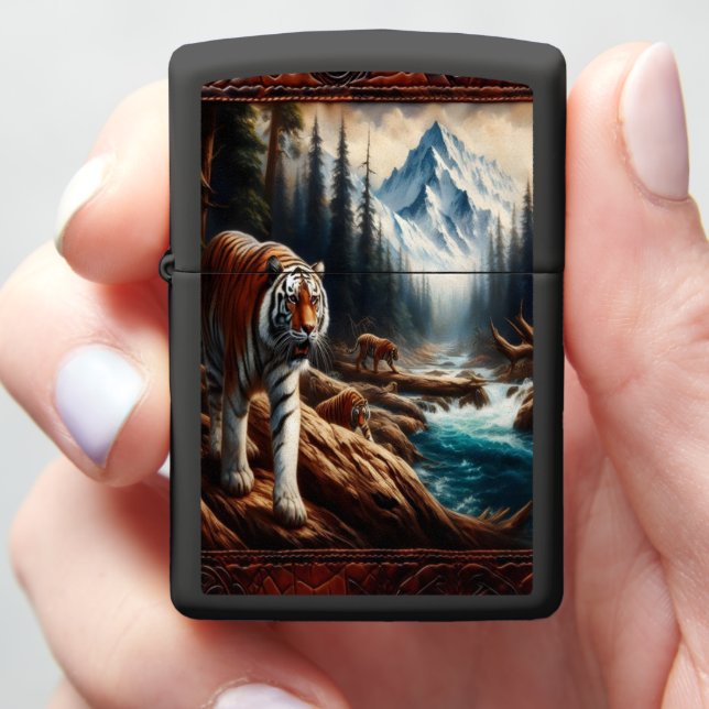 Bengal Tigers in Mountain Stream Zippo Lighter (In Hand)