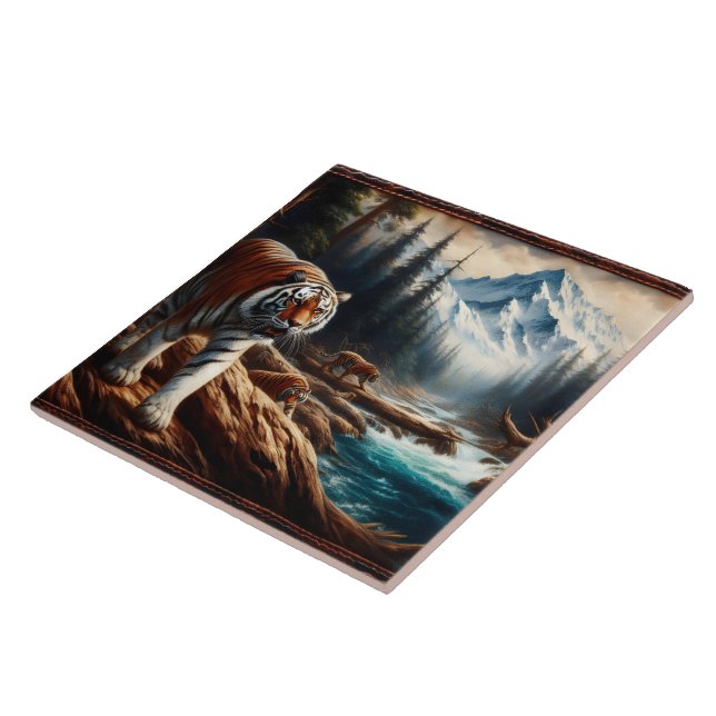 Bengal Tigers Near Mountain Stream at Dawn Ceramic Tile (Side)