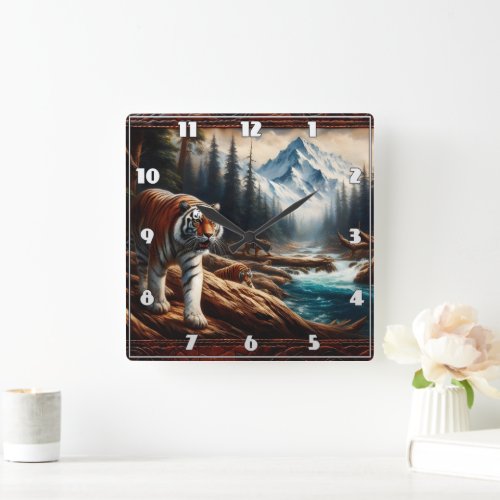 Bengal Tigers Near Mountain Stream at Dawn Square Wall Clock