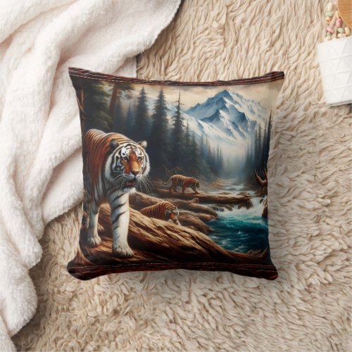 Bengal Tigers Near Mountain Stream at Dawn Throw Pillow