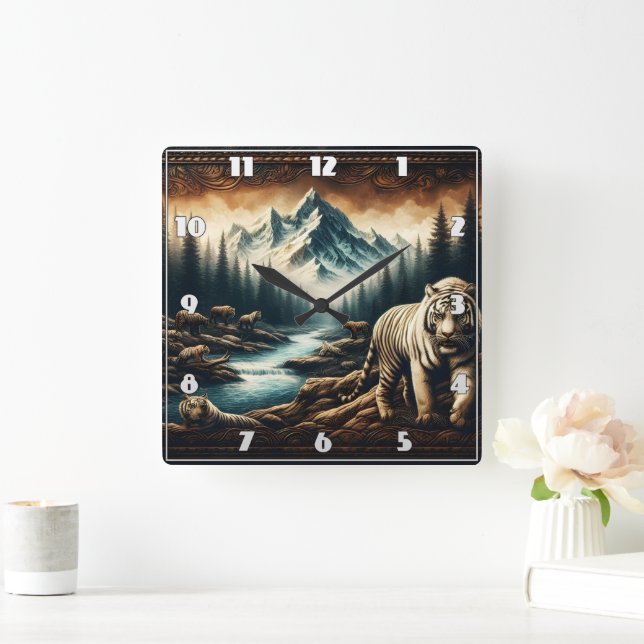 Bengal Tigers Near Mountain Stream in Wilderness Square Wall Clock (Home)
