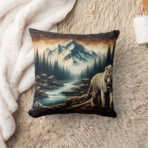 Bengal Tigers Near Mountain Stream in Wilderness Throw Pillow