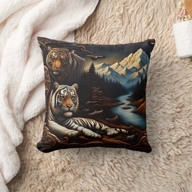 Bengal Tigers Resting Near Serene Mountain River Throw Pillow (Blanket)