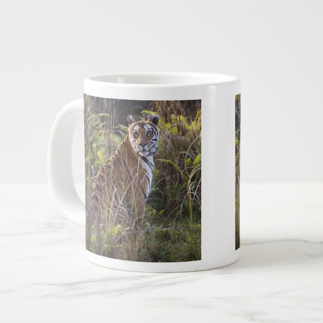 Bengal tigress in tall grass, trying to hunt, large coffee mug (Front Left)