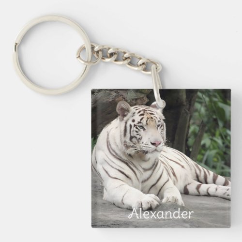 Bengal White Tiger Lying On The Rock Keychain