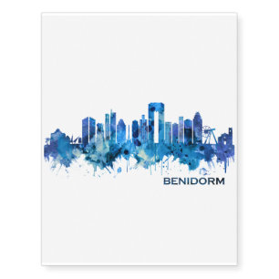 Benidorm Spain Skyline Blue Temporary Tattoos