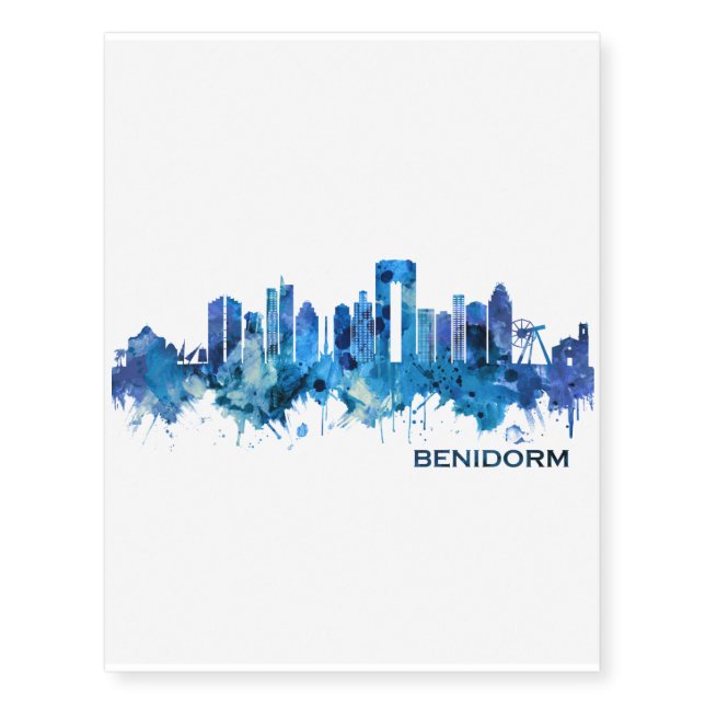 Benidorm Spain Skyline Blue Temporary Tattoos (Front)