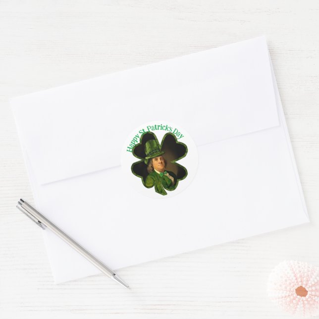 Benjamin Franklin Clover St Patrick's Day Classic Round Sticker (Envelope)