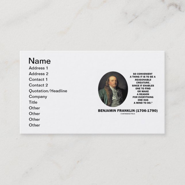 Benjamin Franklin Reasonable Creature Find Reason Business Card (Front)