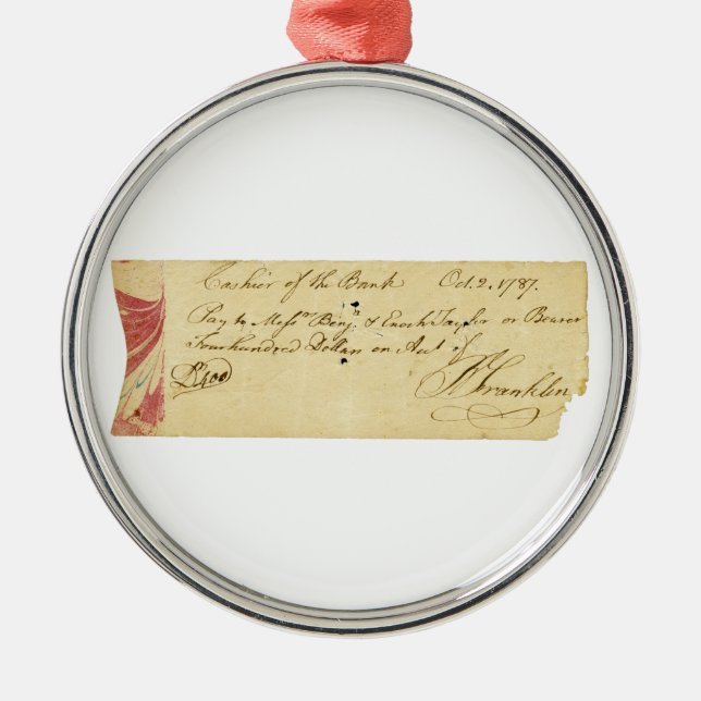 Benjamin Franklin Signed Check October 2, 1787 Metal Ornament (Front)