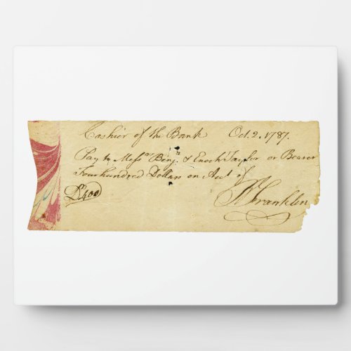 Benjamin Franklin Signed Check October 2 1787 Plaque