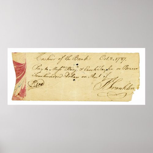 Benjamin Franklin Signed Check October 2 1787 Poster