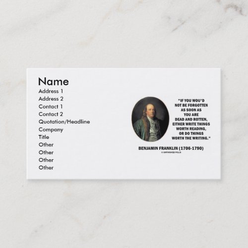 Benjamin Franklin Write Things Worth Reading Do Business Card
