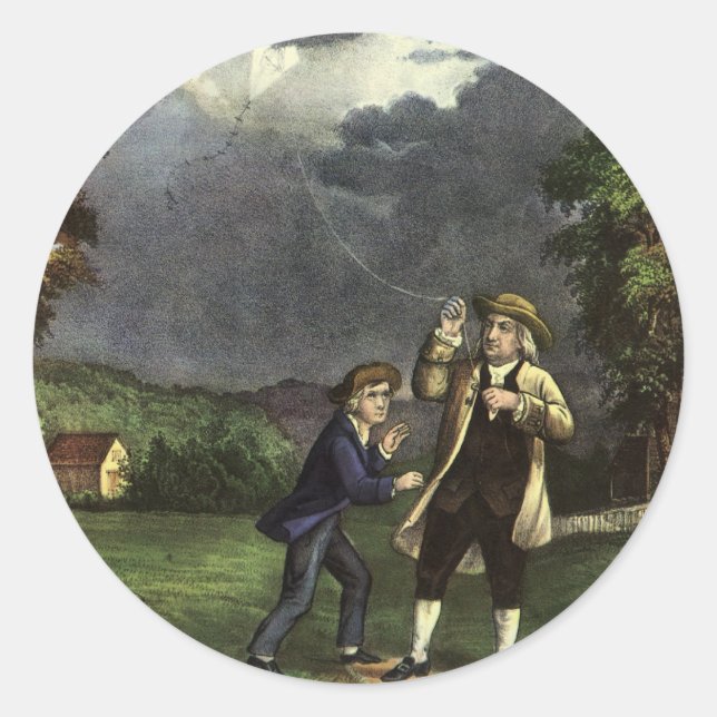 Benjamin Franklin's Lightning and Kite Experiment Classic Round Sticker (Front)