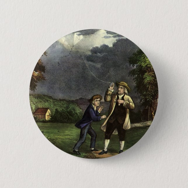 Benjamin Franklin's Lightning and Kite Experiment Pinback Button (Front)