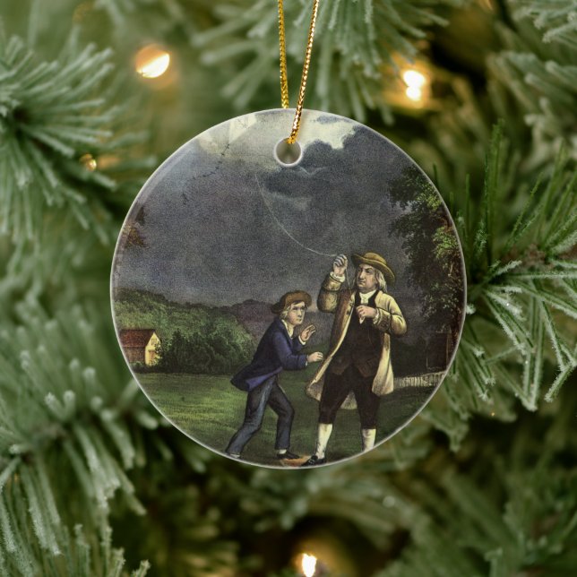 Benjamin Franklin's Lightning with Kite Experiment Ceramic Ornament (Tree)