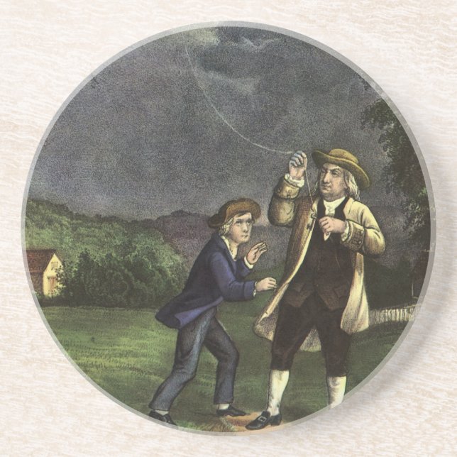 Benjamin Franklin's Lightning with Kite Experiment Coaster (Front)