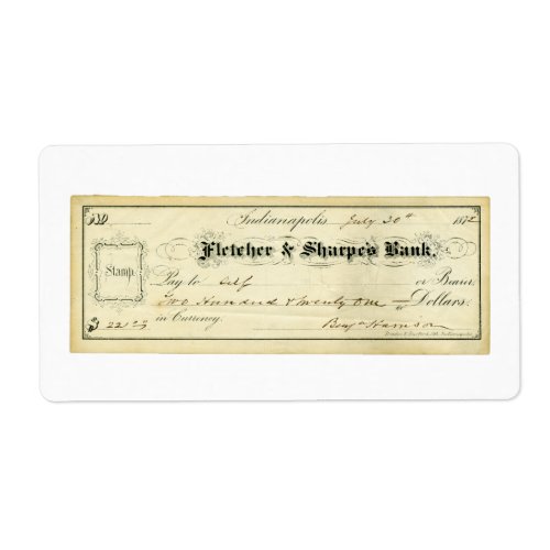 Benjamin Harrison Signed Check from July 30th 1875 Label