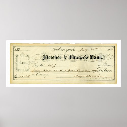 Benjamin Harrison Signed Check from July 30th 1875 Poster