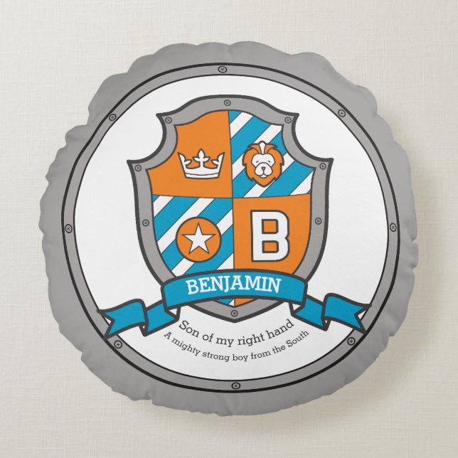 Benjamin letter B name meaning heraldry shield Round Pillow (Front)
