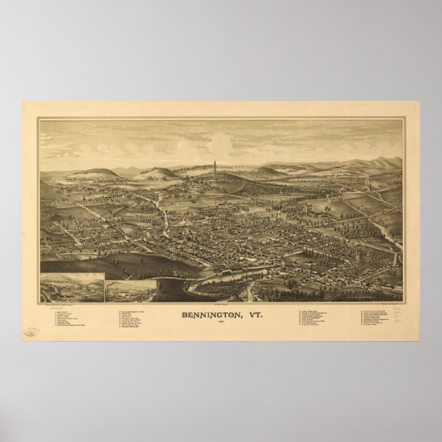 Bennington Vermont 1887 Antique Panoramic Map Poster (Front)